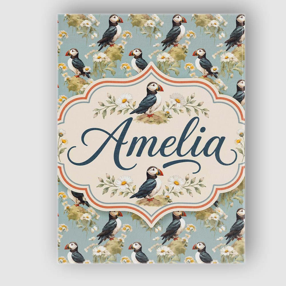 Personalised Name Puffin and Wildflower Custom Modern Room Accent Elegant Feature Canvas Wall Art Print Decor Picture Ready to Hang