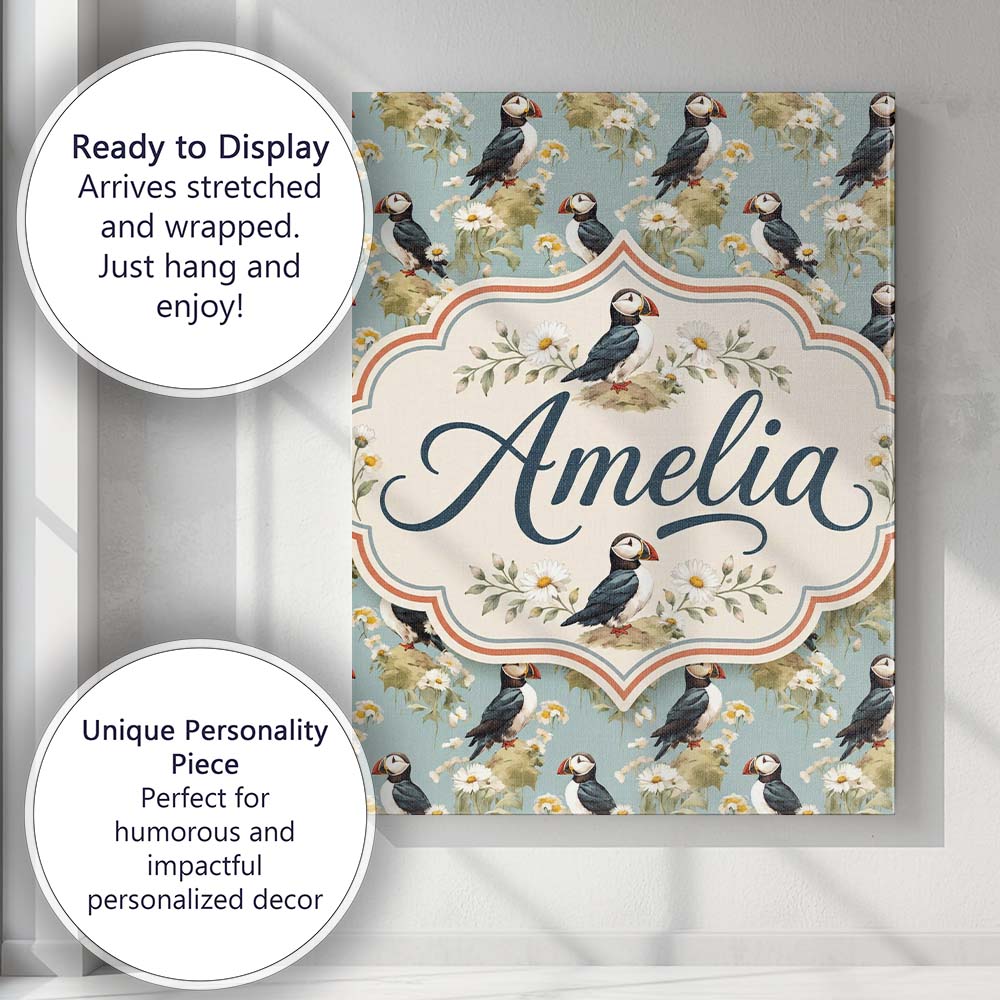 Personalised Name Puffin and Wildflower Custom Modern Room Accent Elegant Feature Canvas Wall Art Print Decor Picture Ready to Hang