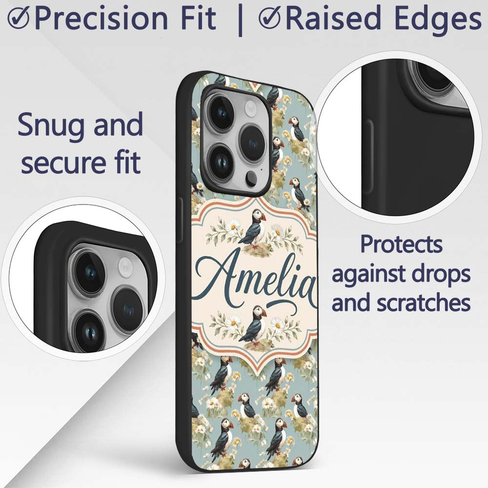 Puffin and Wildflower Garden Decorative Design Custom Name Protective Phone Case Mobile Cover Durable Everyday Smartphone Shock Resistant