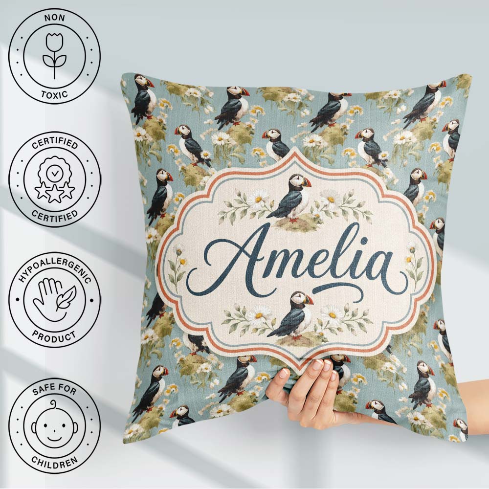 Custom Name Puffin and Wildflower Garden Pattern Nature Inspired Square Filled Cushion Throw Pillow Sofa Bed Home Decor Zip Washable UK Made
