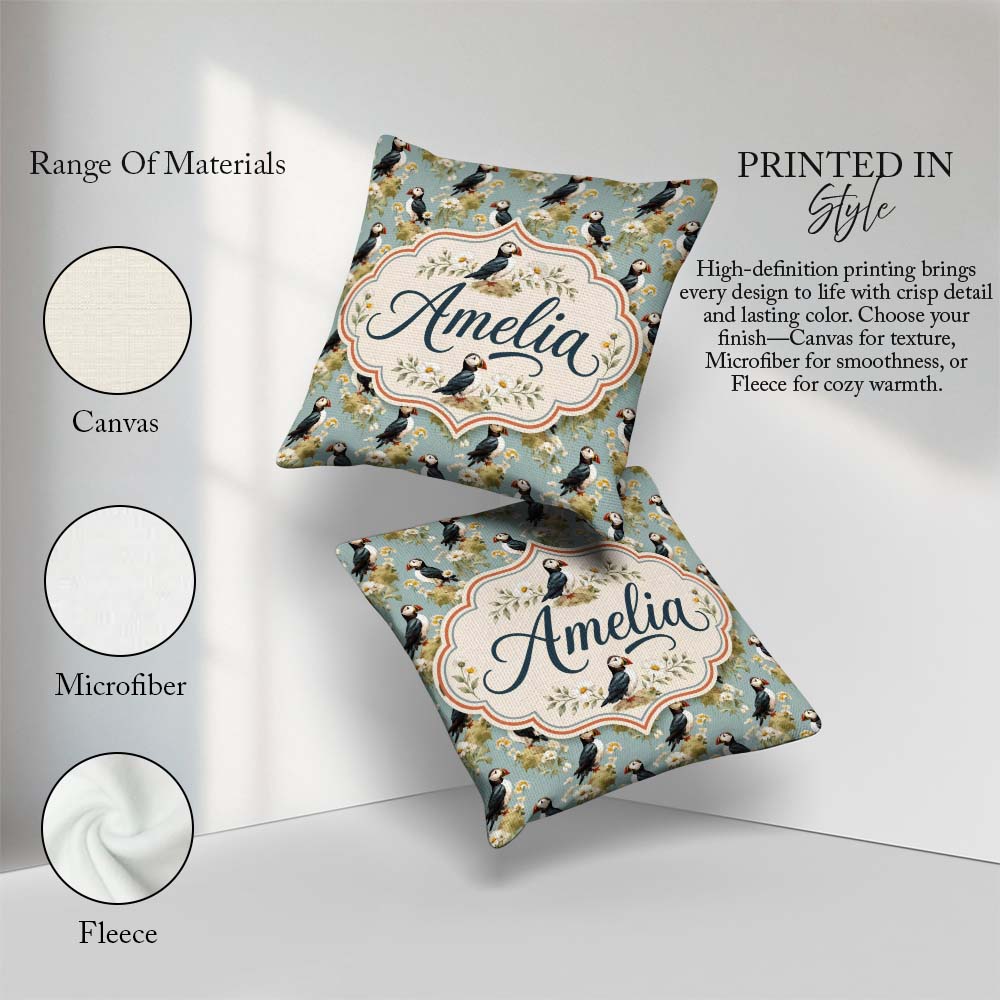 Custom Name Puffin and Wildflower Garden Pattern Nature Inspired Square Filled Cushion Throw Pillow Sofa Bed Home Decor Zip Washable UK Made