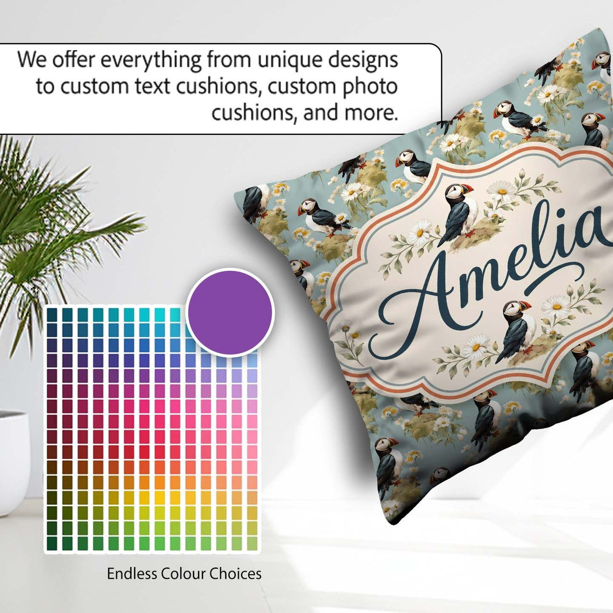 Custom Name Puffin and Wildflower Garden Pattern Nature Inspired Square Filled Cushion Throw Pillow Sofa Bed Home Decor Zip Washable UK Made