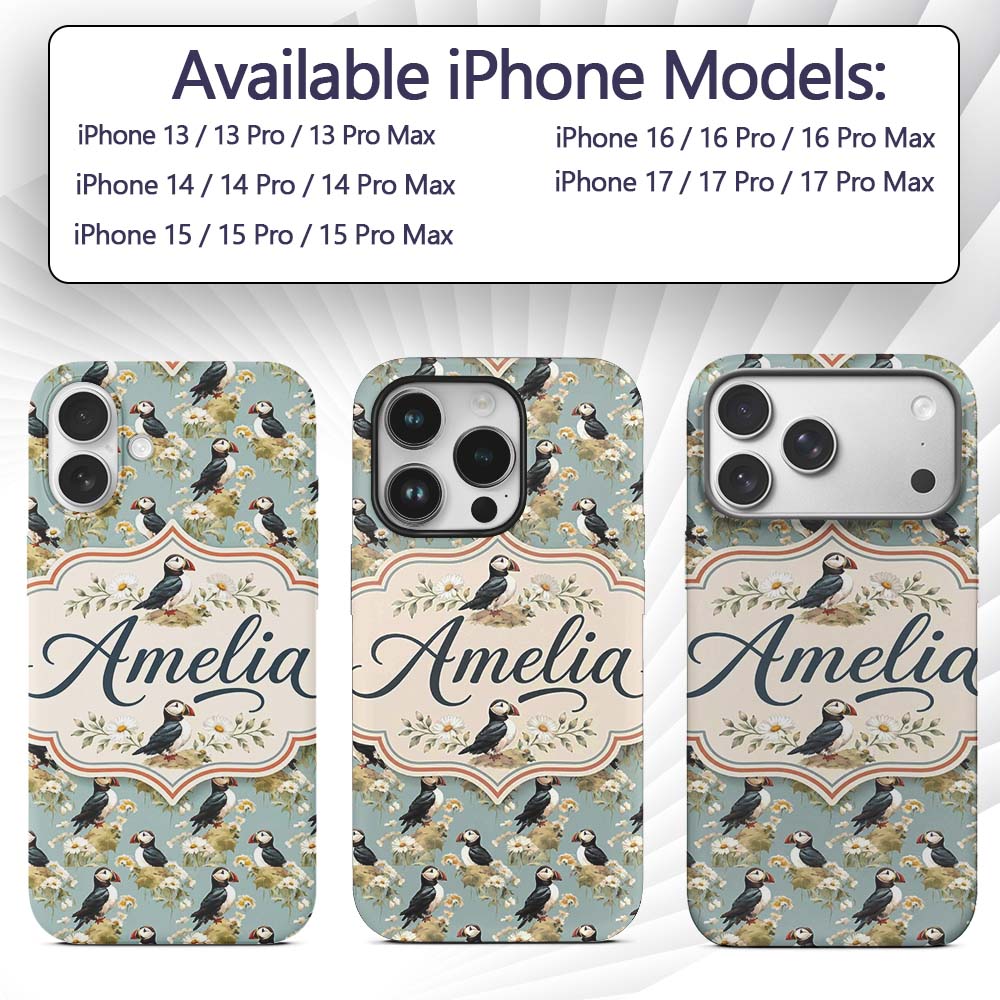 Puffin and Wildflower Garden Decorative Design Custom Name Protective Phone Case Mobile Cover Durable Everyday Smartphone Shock Resistant