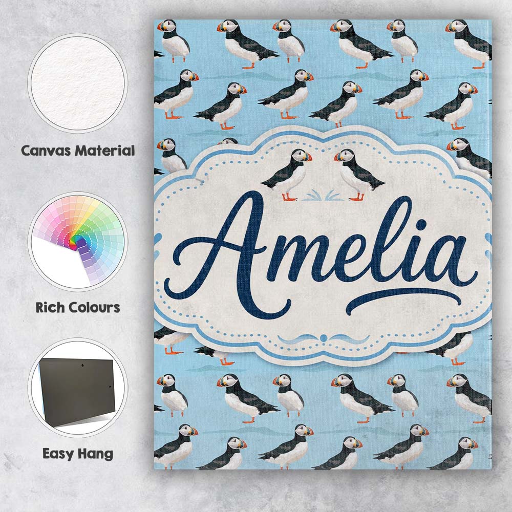 Personalised Name Minimal Puffin Bird Custom Modern Room Accent Creative Decorator Style Canvas Wall Art Print Decor Picture Ready to Hang