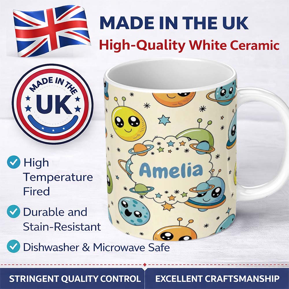 Personalized Custom Name Cute Kawaii Space Planets Aliens Stars Galaxy Seamless Pattern 11oz Ceramic Coffee Tea Mug White Large Handle