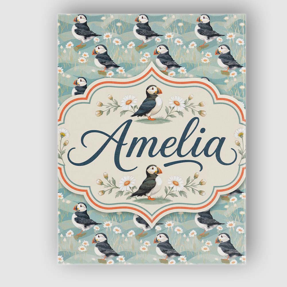 Personalised Name Puffin and Daisy Floral Custom Unique Gift Idea Elegant Feature Canvas Wall Art Print Decor Picture Ready to Hang