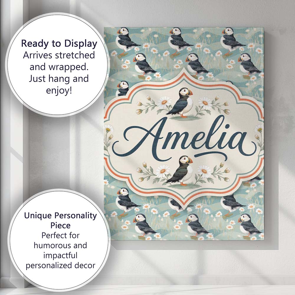 Personalised Name Puffin and Daisy Floral Custom Unique Gift Idea Elegant Feature Canvas Wall Art Print Decor Picture Ready to Hang