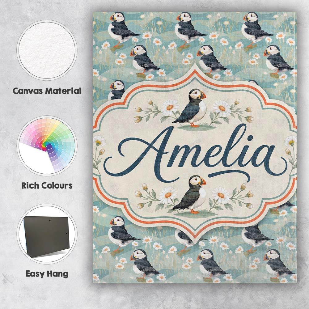 Personalised Name Puffin and Daisy Floral Custom Unique Gift Idea Elegant Feature Canvas Wall Art Print Decor Picture Ready to Hang