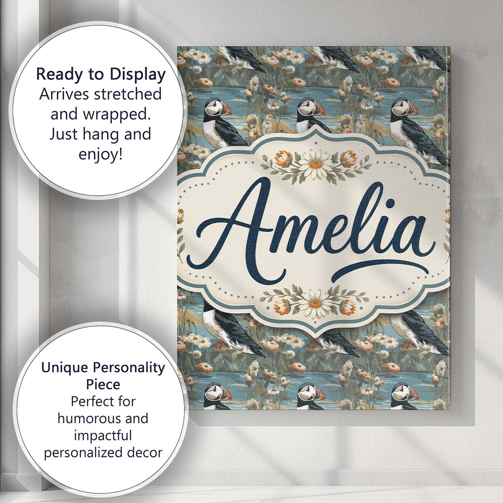 Personalised Name Puffin Coastal Landscape Custom Unique Gift Idea Elegant Feature Canvas Wall Art Print Decor Picture Ready to Hang