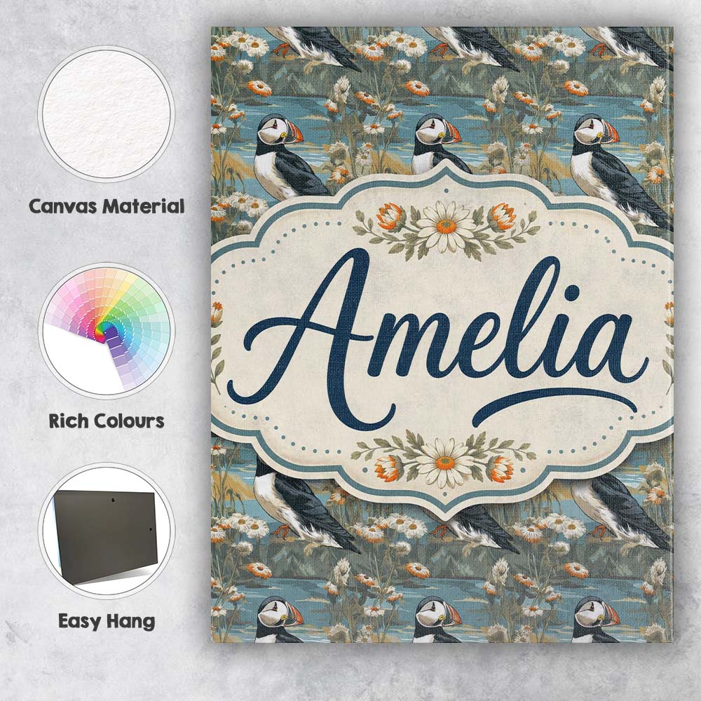 Personalised Name Puffin Coastal Landscape Custom Unique Gift Idea Elegant Feature Canvas Wall Art Print Decor Picture Ready to Hang
