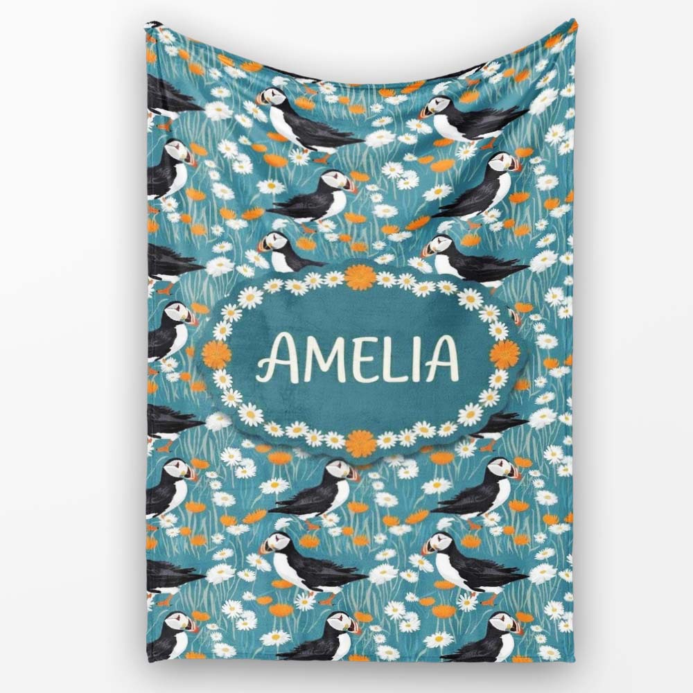 Colorful Puffin Bird and Wildflower Meadow Seamless Pattern Lovely Personalised Custom Name Super Soft Fleece Blanket Bed Sofa Throw
