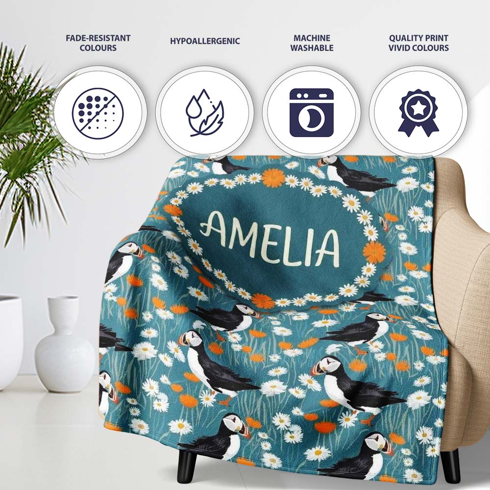 Colorful Puffin Bird and Wildflower Meadow Seamless Pattern Lovely Personalised Custom Name Super Soft Fleece Blanket Bed Sofa Throw
