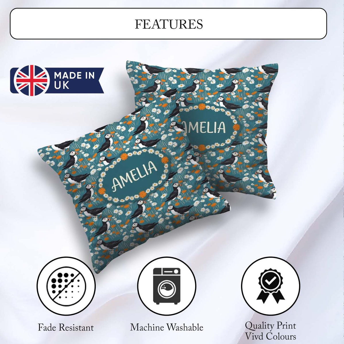 Custom Name Colorful Puffin Bird and Wildflower Seamless Pattern Square Filled Cushion Throw Pillow Sofa Bed Home Decor Zip Washable UK Made