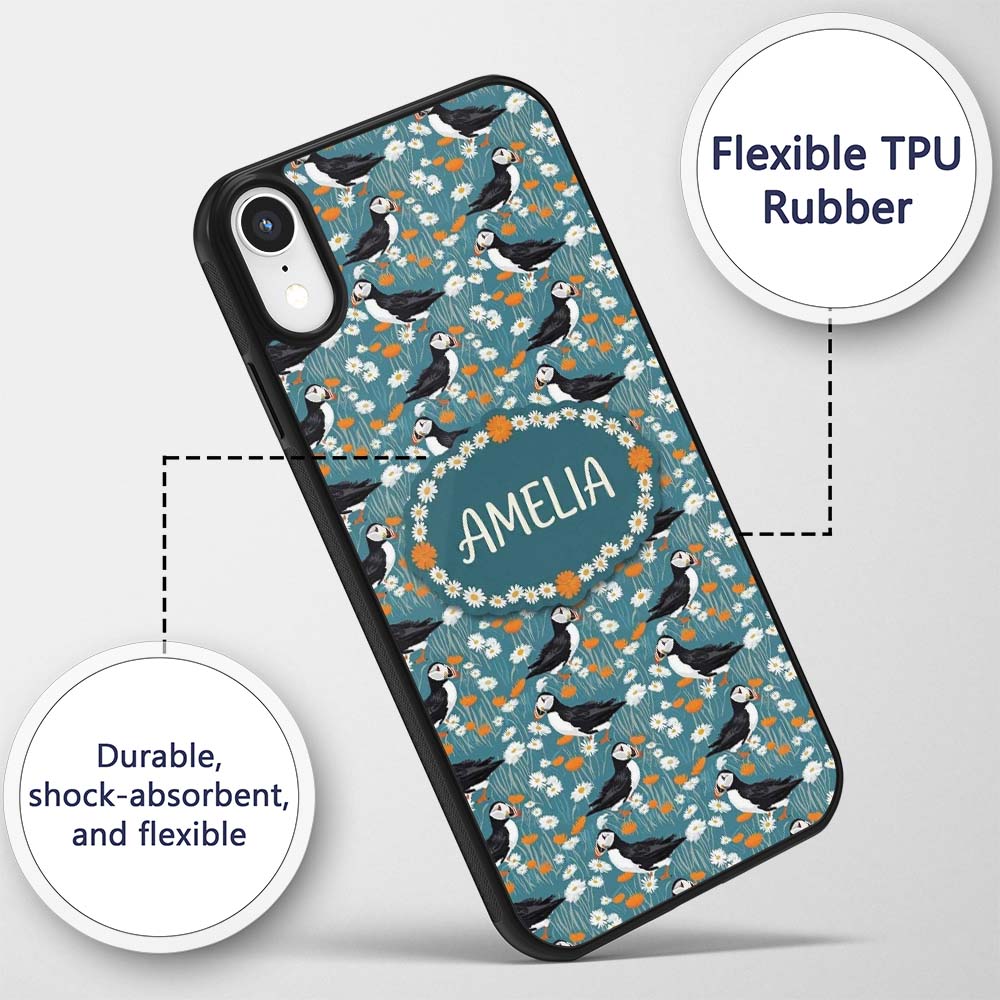 Colorful Puffin Bird and Wildflower Meadow Printed Design Custom Name Protective Phone Case Mobile Cover Durable Smartphone Shock Resistant