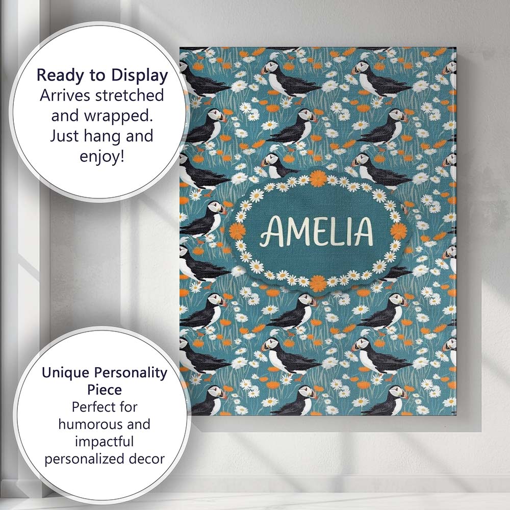 Personalised Name Colorful Puffin Bird and Custom Unique Gift Idea Elegant Feature Canvas Wall Art Print Decor Picture Ready to Hang