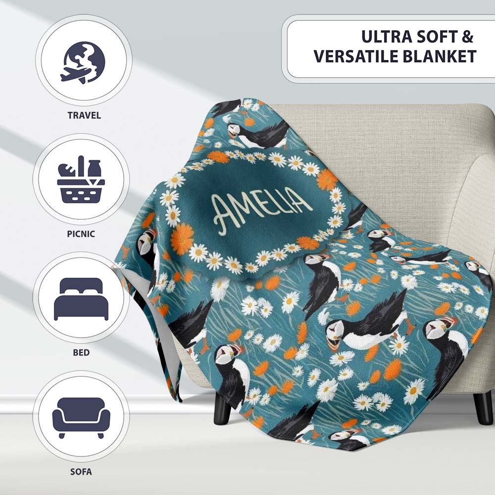 Colorful Puffin Bird and Wildflower Meadow Seamless Pattern Lovely Personalised Custom Name Super Soft Fleece Blanket Bed Sofa Throw