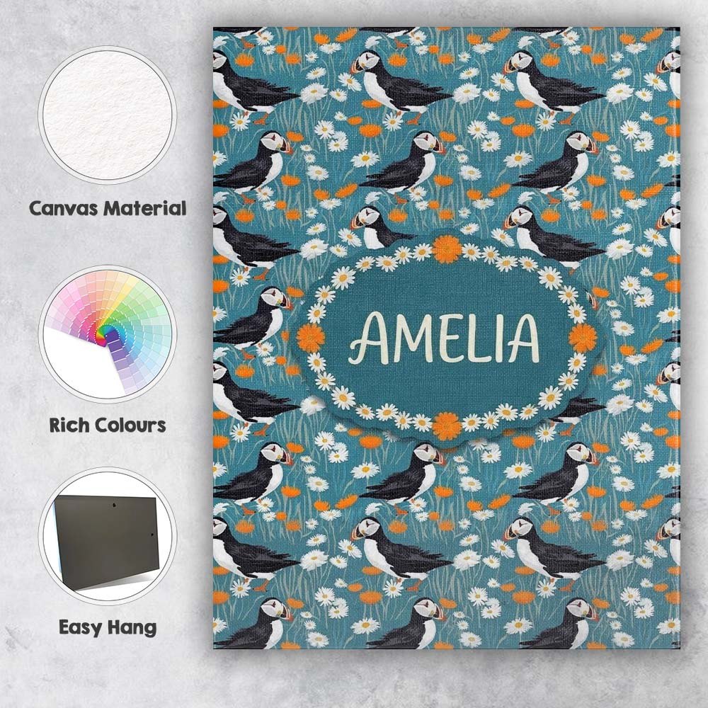 Personalised Name Colorful Puffin Bird and Custom Unique Gift Idea Elegant Feature Canvas Wall Art Print Decor Picture Ready to Hang