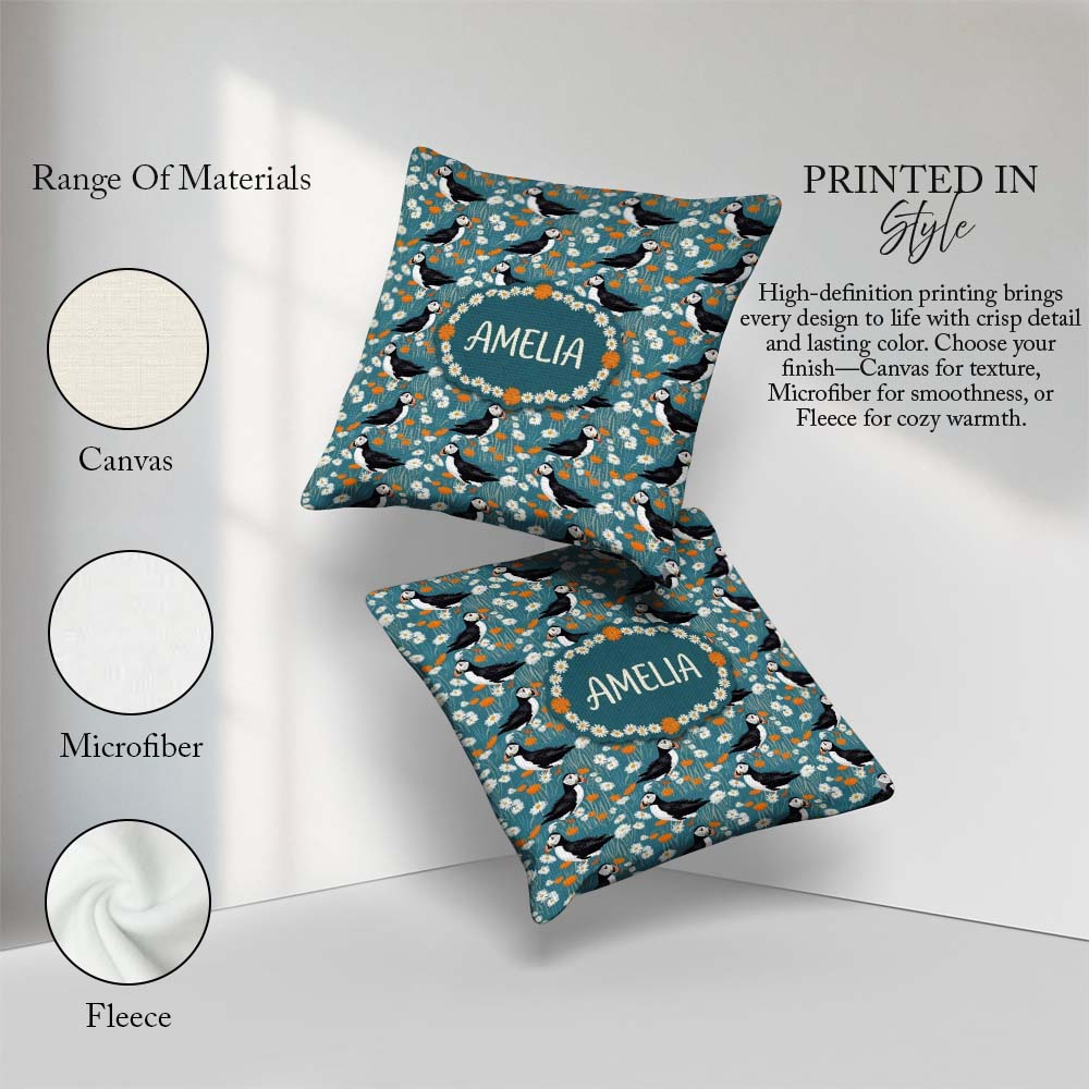 Custom Name Colorful Puffin Bird and Wildflower Seamless Pattern Square Filled Cushion Throw Pillow Sofa Bed Home Decor Zip Washable UK Made