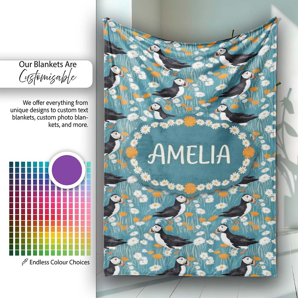 Colorful Puffin Bird and Wildflower Meadow Seamless Pattern Lovely Personalised Custom Name Super Soft Fleece Blanket Bed Sofa Throw