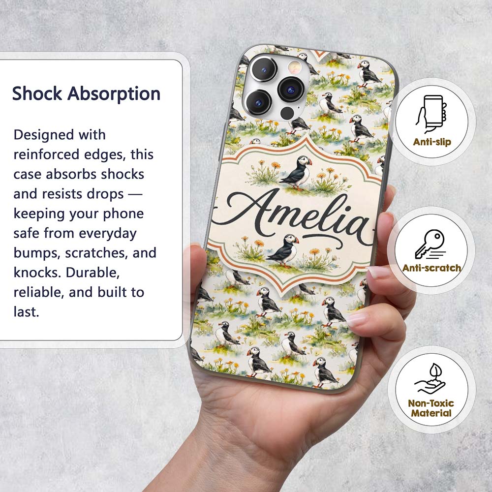 Watercolor Puffin Birds in Floral Meadow Garden Custom Name Protective Phone Case Mobile Cover Durable Everyday Smartphone Shock Resistant