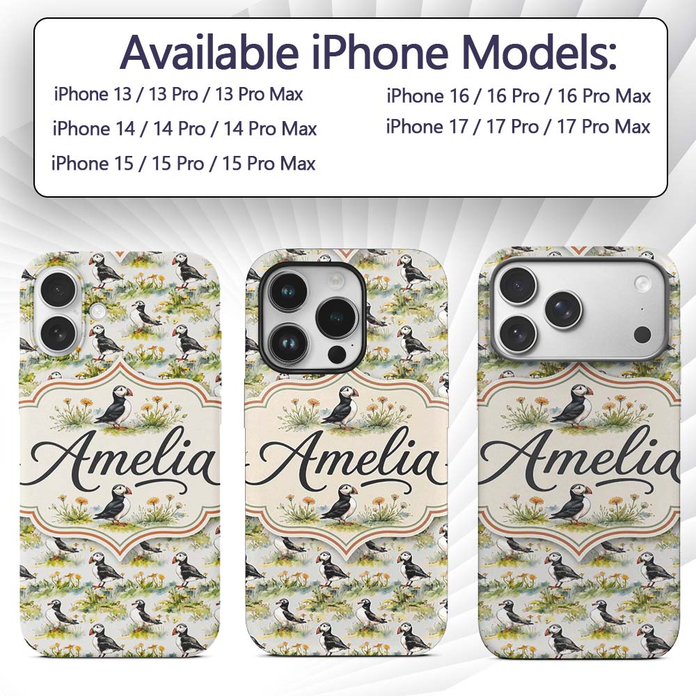 Watercolor Puffin Birds in Floral Meadow Garden Custom Name Protective Phone Case Mobile Cover Durable Everyday Smartphone Shock Resistant