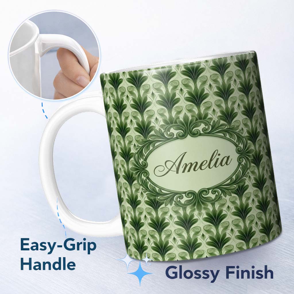 Personalized Custom Name Dark Green Leaf Wave Seamless Pattern with Organic Flowing Shapes 11oz Ceramic Coffee Tea Mug White Large Handle