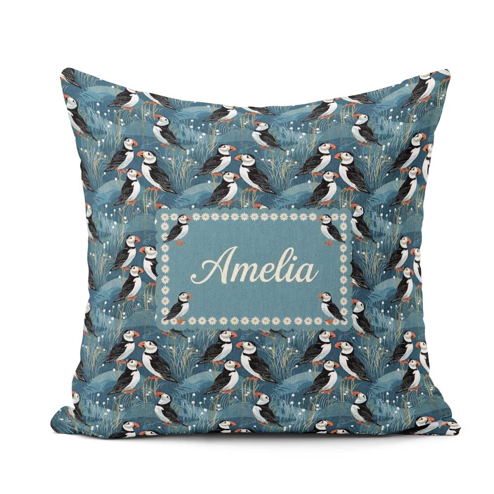 Custom Name Decorative Puffin Birds with Abstract Ocean Seamless Square Filled Cushion Throw Pillow Sofa Bed Home Decor Zip Washable UK Made