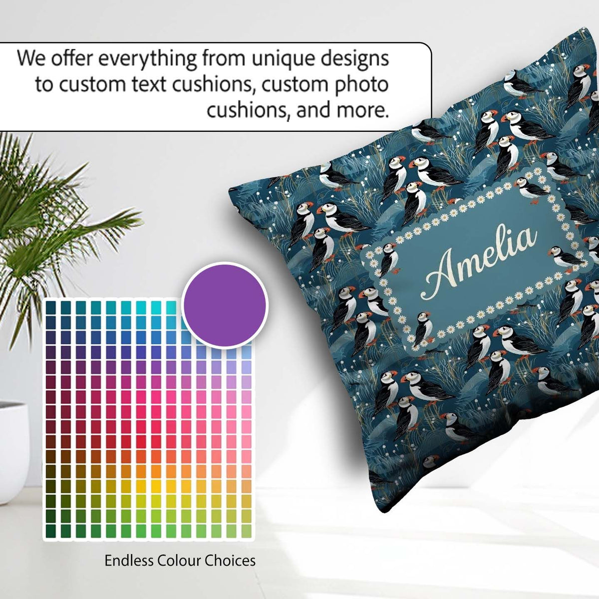 Custom Name Decorative Puffin Birds with Abstract Ocean Seamless Square Filled Cushion Throw Pillow Sofa Bed Home Decor Zip Washable UK Made