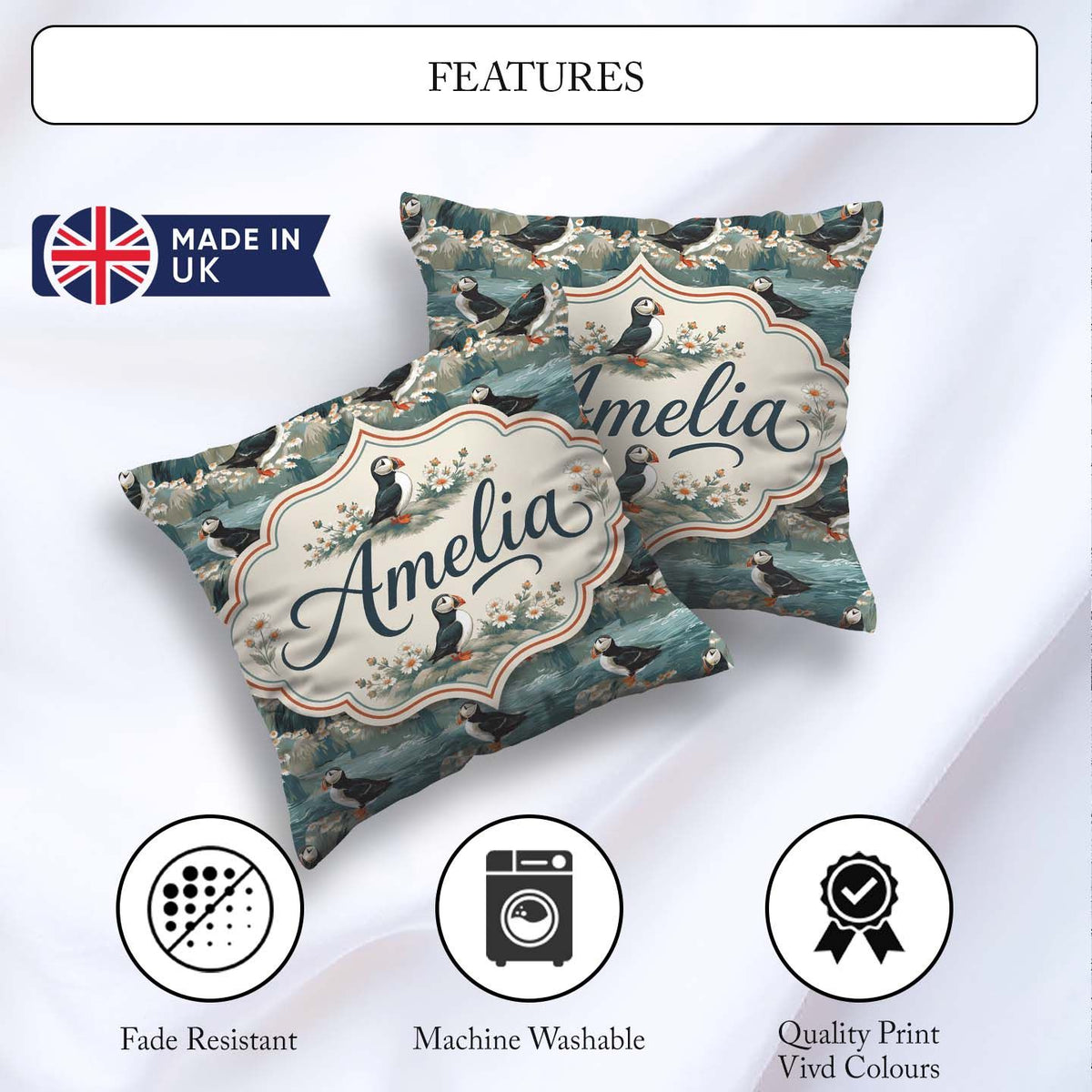 Custom Name Coastal Puffin Birds on Rocky Shore Flowers Seamless Square Filled Cushion Throw Pillow Sofa Bed Home Decor Zip Washable UK Made