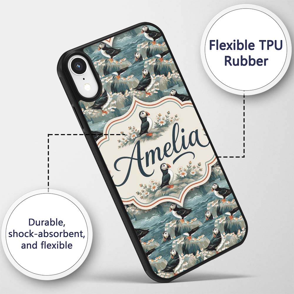 Coastal Puffin Birds on Rocky Shore with Flowers Custom Name Protective Phone Case Mobile Cover Durable Everyday Smartphone Shock Resistant