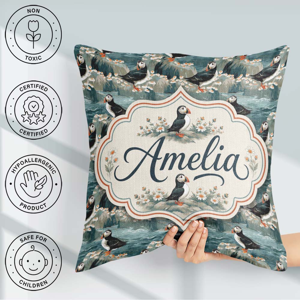 Custom Name Coastal Puffin Birds on Rocky Shore Flowers Seamless Square Filled Cushion Throw Pillow Sofa Bed Home Decor Zip Washable UK Made