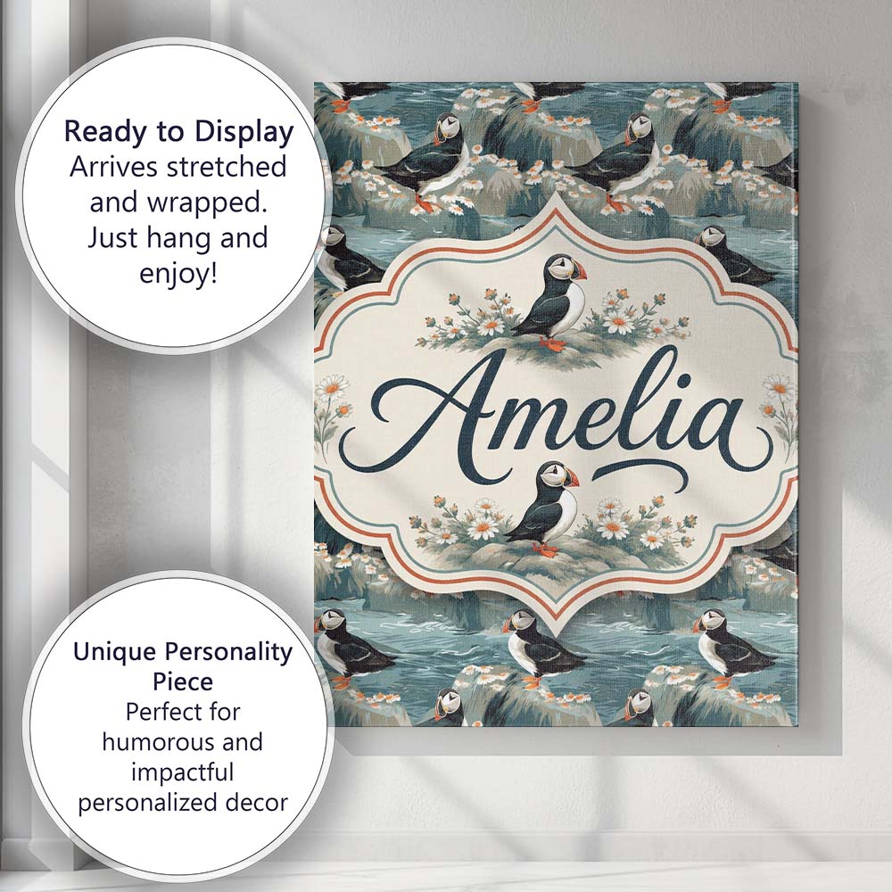 Personalised Name Coastal Puffin Birds on Custom Unique Gift Idea Elegant Feature Canvas Wall Art Print Decor Picture Ready to Hang