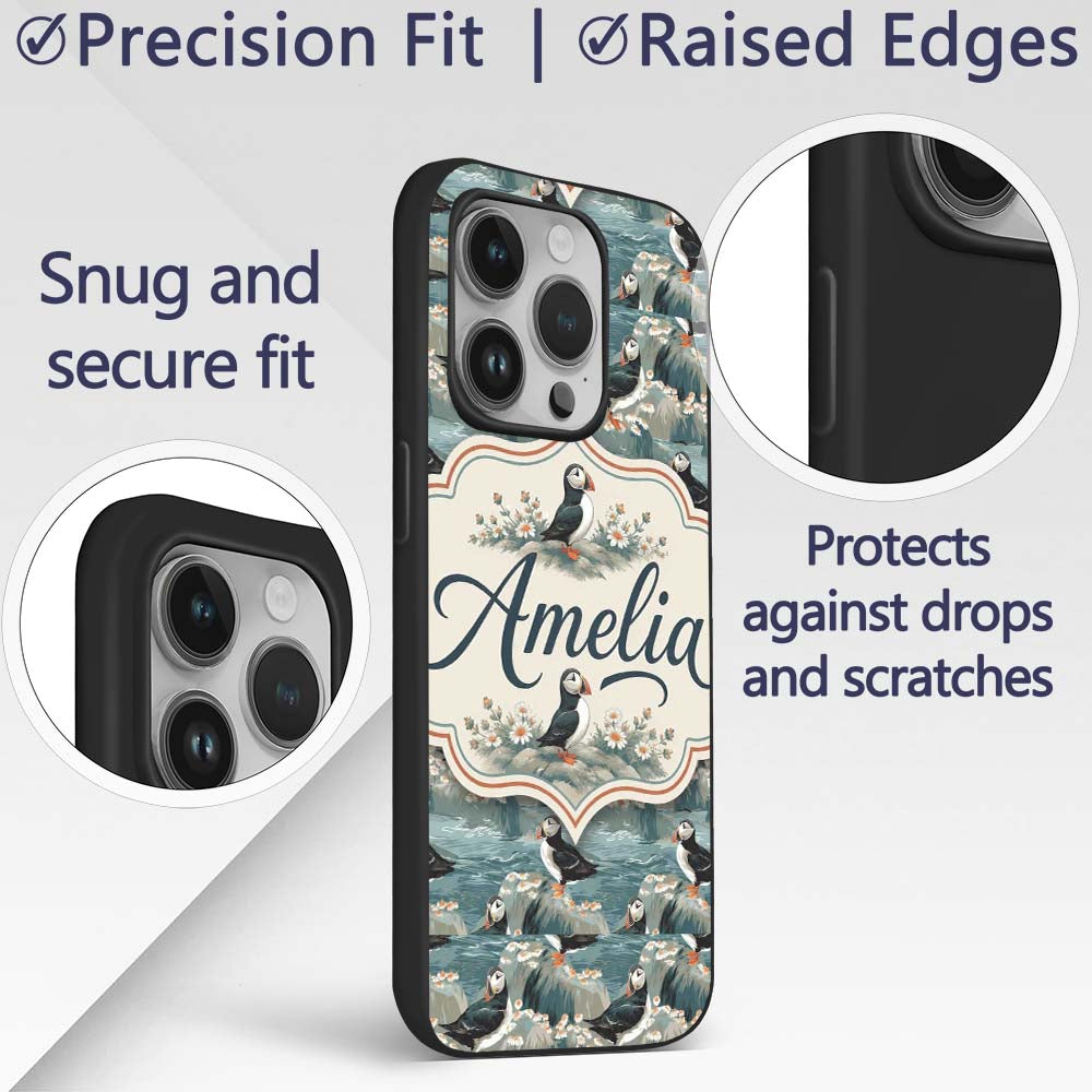 Coastal Puffin Birds on Rocky Shore with Flowers Custom Name Protective Phone Case Mobile Cover Durable Everyday Smartphone Shock Resistant