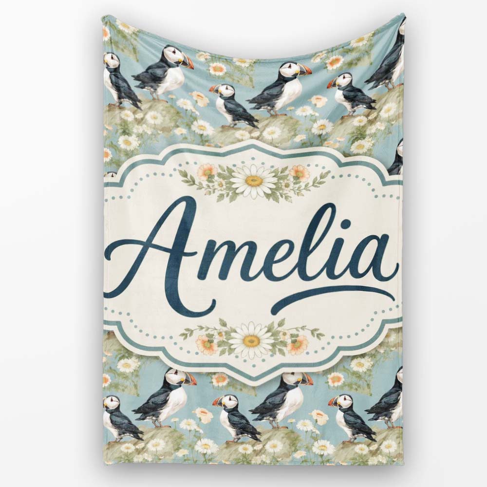 Puffin Birds Perched on Cliff with Floral Details Seamless Pattern Personalised Custom Name Super Soft Fleece Blanket Bed Sofa Throw