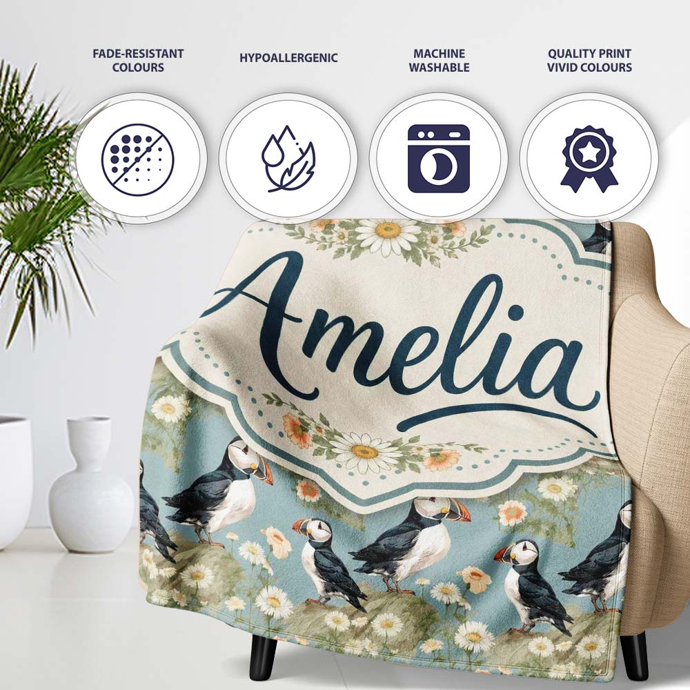 Puffin Birds Perched on Cliff with Floral Details Seamless Pattern Personalised Custom Name Super Soft Fleece Blanket Bed Sofa Throw