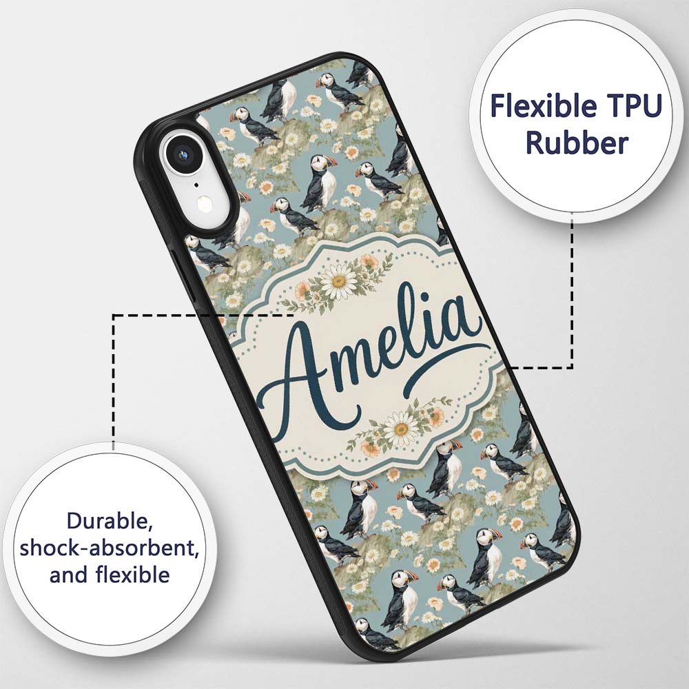 Puffin Birds Perched on Cliff with Floral Details Custom Name Protective Phone Case Mobile Cover Durable Everyday Smartphone Shock Resistant