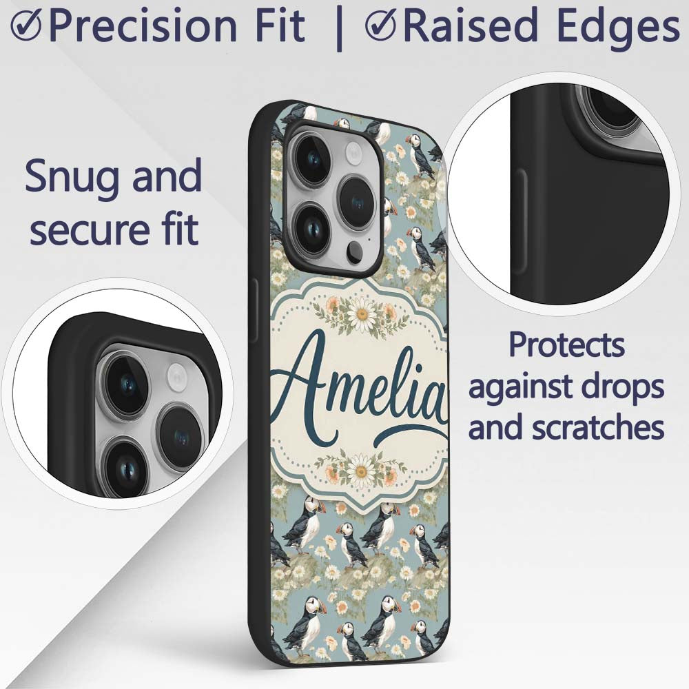 Puffin Birds Perched on Cliff with Floral Details Custom Name Protective Phone Case Mobile Cover Durable Everyday Smartphone Shock Resistant