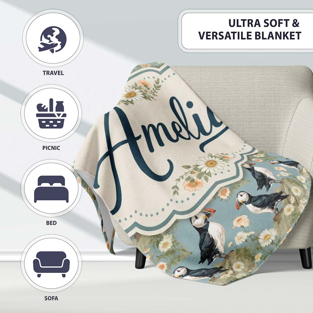 Puffin Birds Perched on Cliff with Floral Details Seamless Pattern Personalised Custom Name Super Soft Fleece Blanket Bed Sofa Throw
