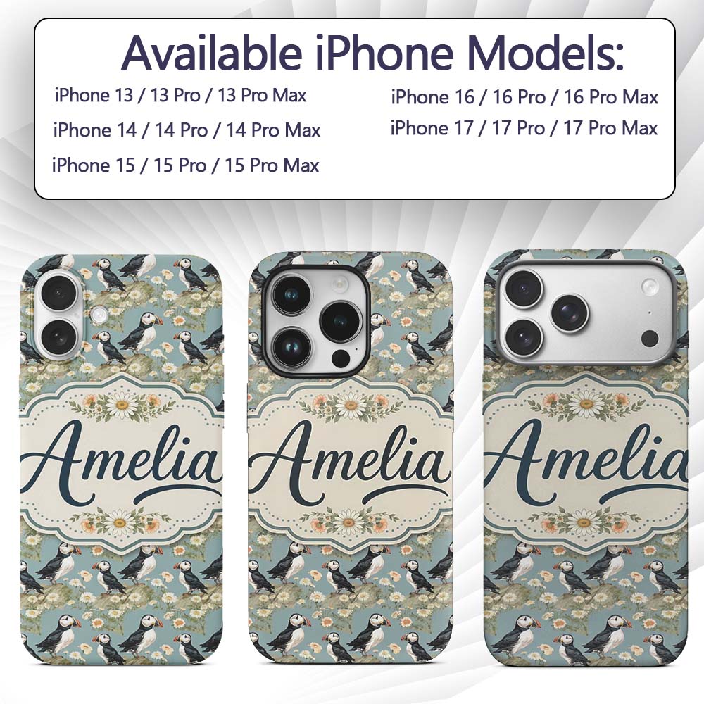 Puffin Birds Perched on Cliff with Floral Details Custom Name Protective Phone Case Mobile Cover Durable Everyday Smartphone Shock Resistant