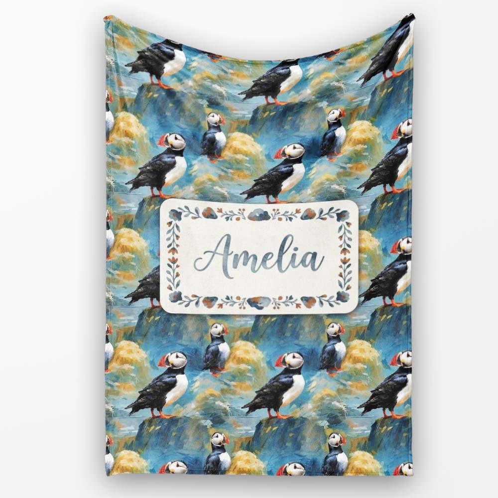 Artistic Puffin Birds on Rocky Landscape Seamless Pattern Lovely Personalised Custom Name Super Soft Fleece Blanket Bed Sofa Throw