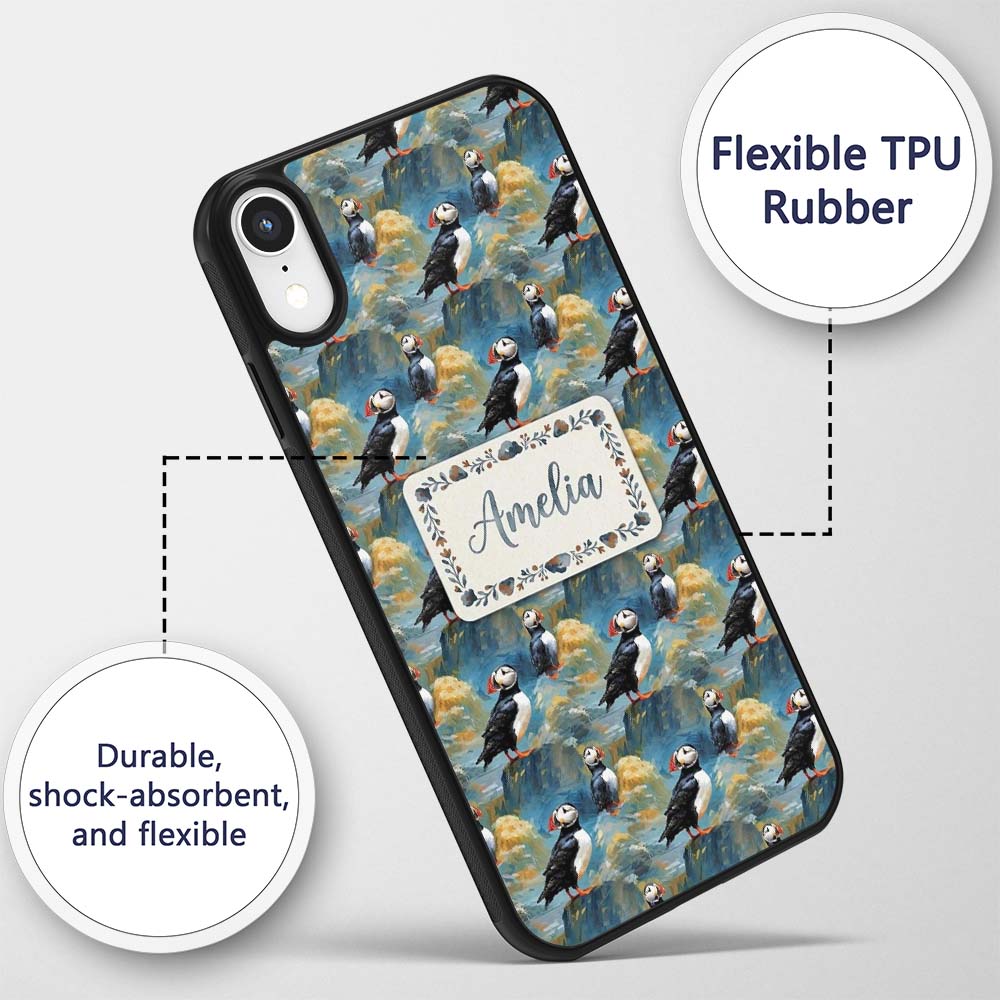 Artistic Puffin Birds on Rocky Landscape Seamless Custom Name Protective Phone Case Mobile Cover Durable Everyday Smartphone Shock Resistant