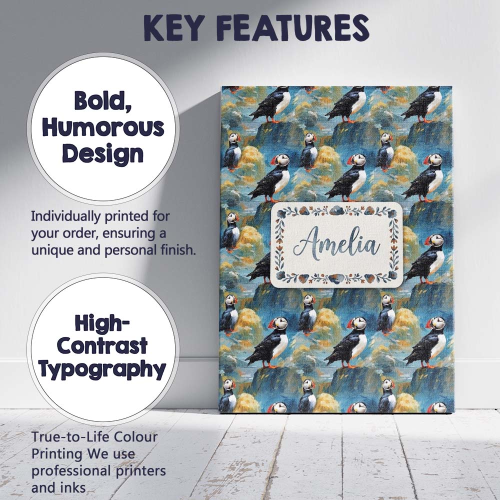 Personalised Name Artistic Puffin Birds on Custom Unique Gift Idea Elegant Feature Canvas Wall Art Print Decor Picture Ready to Hang
