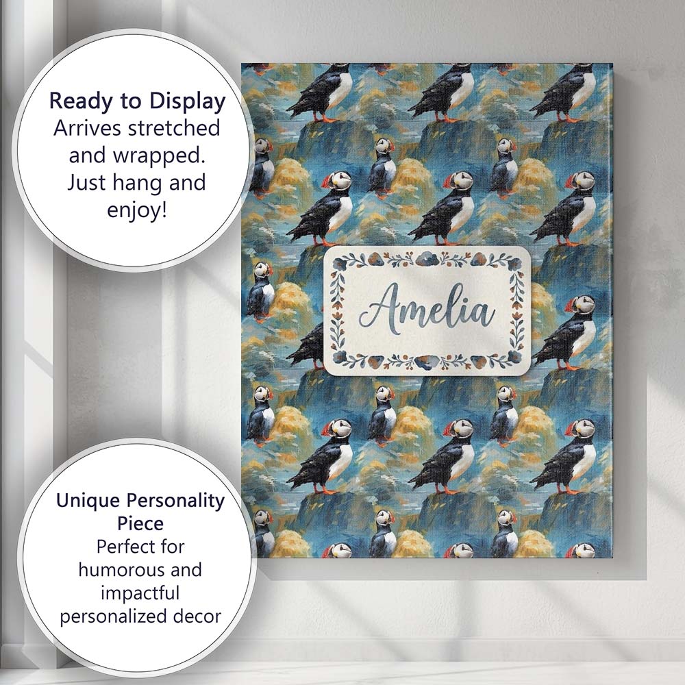 Personalised Name Artistic Puffin Birds on Custom Unique Gift Idea Elegant Feature Canvas Wall Art Print Decor Picture Ready to Hang