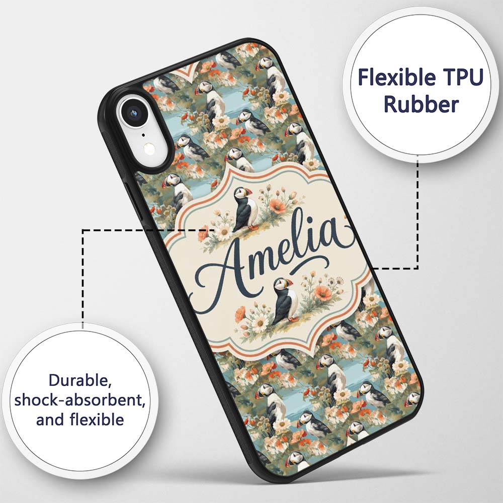 Vintage Style Puffin Birds with Floral Garden Custom Name Protective Phone Case Mobile Cover Durable Everyday Smartphone Shock Resistant