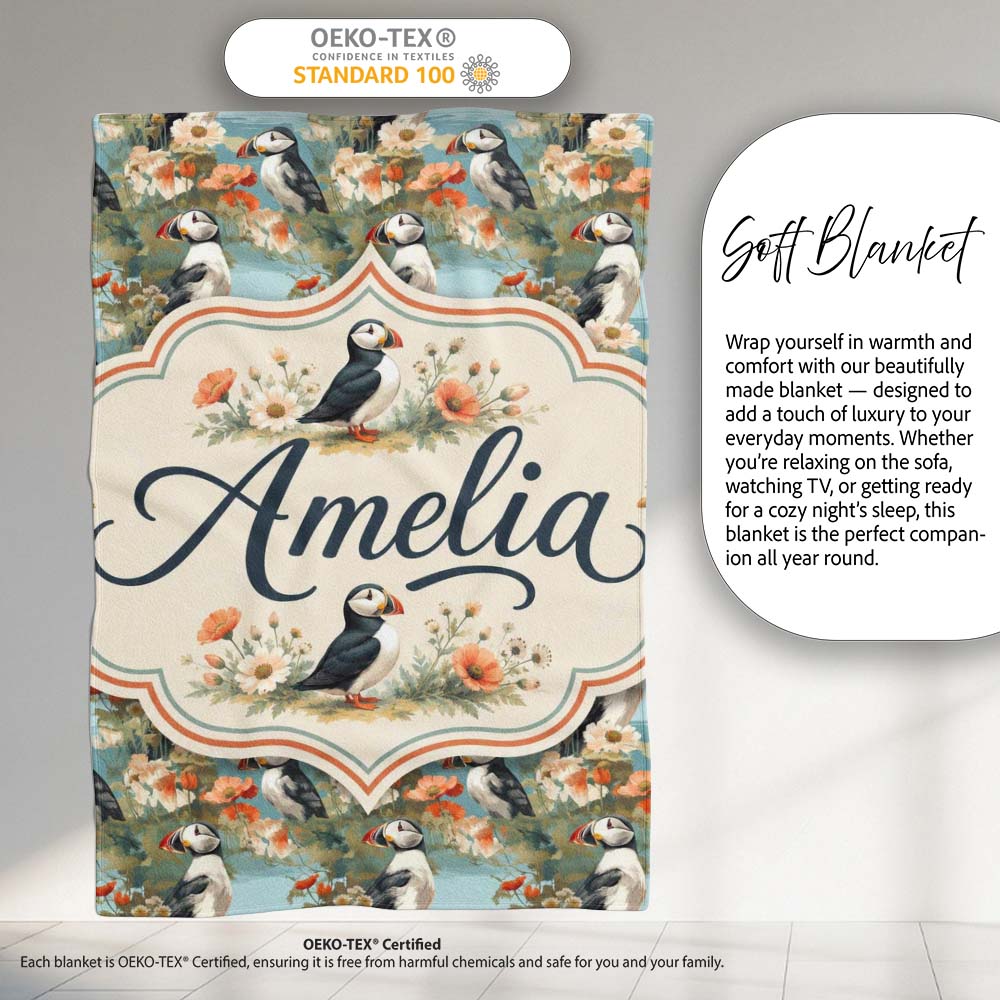 Vintage Style Puffin Birds with Floral Garden Seamless Pattern Personalised Custom Name Super Soft Fleece Blanket Bed Sofa Throw