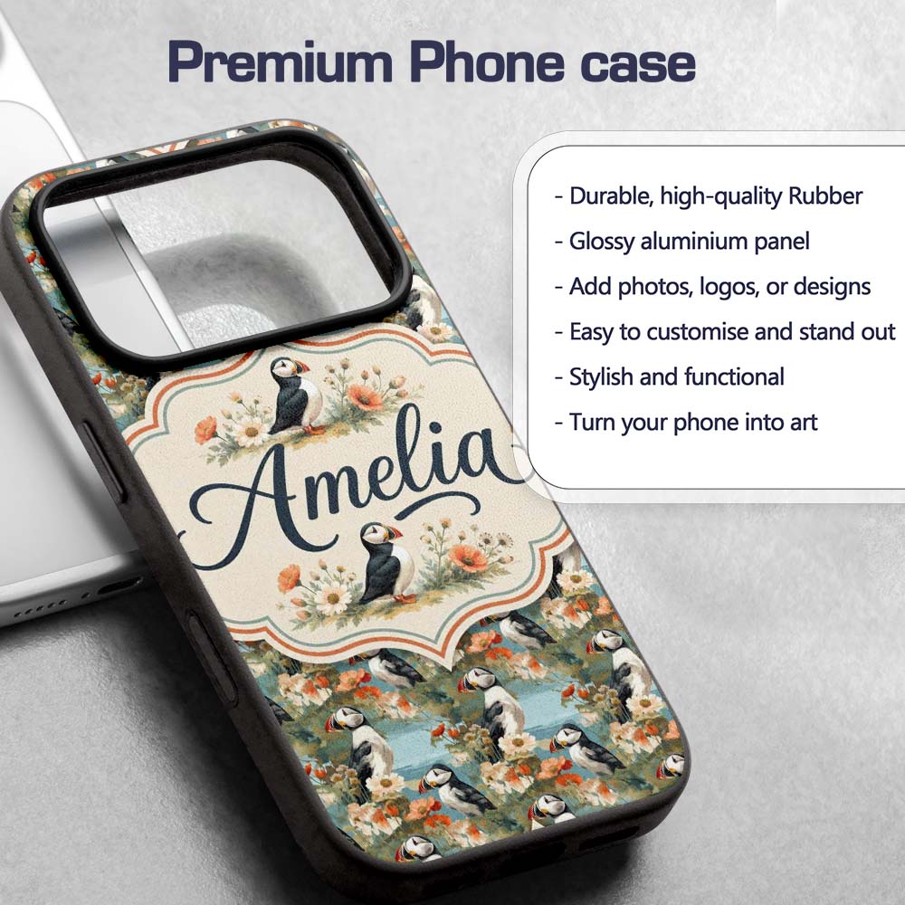 Vintage Style Puffin Birds with Floral Garden Custom Name Protective Phone Case Mobile Cover Durable Everyday Smartphone Shock Resistant
