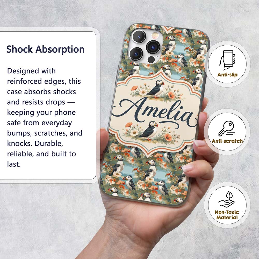 Vintage Style Puffin Birds with Floral Garden Custom Name Protective Phone Case Mobile Cover Durable Everyday Smartphone Shock Resistant