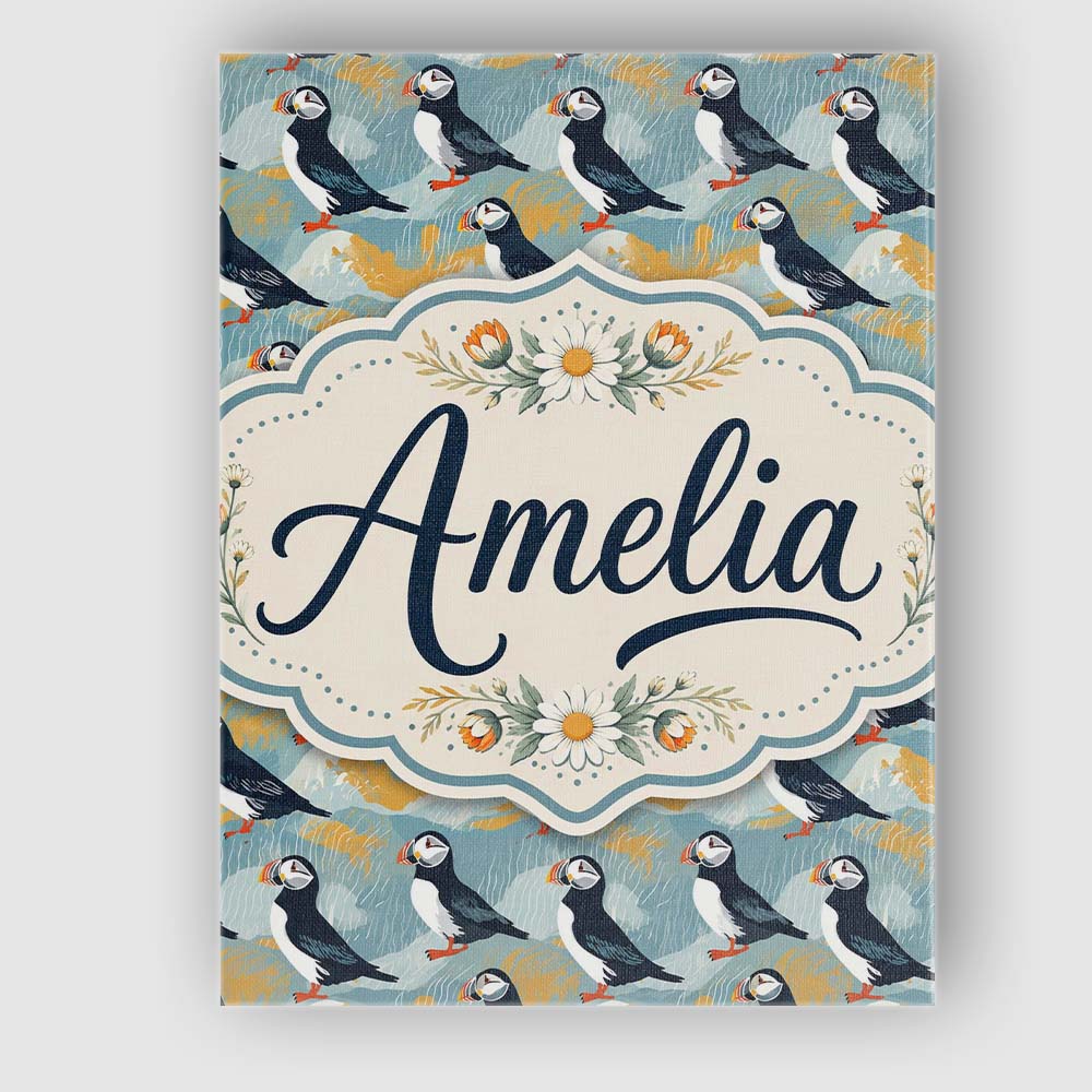 Personalised Name Minimal Puffin Birds with Custom Bespoke Interior Contemporary Canvas Wall Art Print Decor Picture Ready to Hang