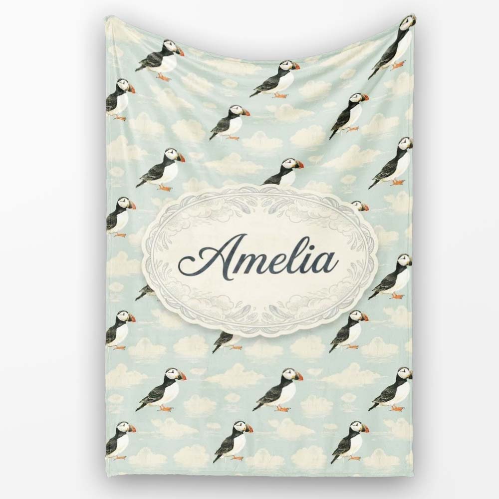 Cute Puffin Birds with Soft Cloud Background Seamless Pattern Lovely Personalised Custom Name Super Soft Fleece Blanket Bed Sofa Throw
