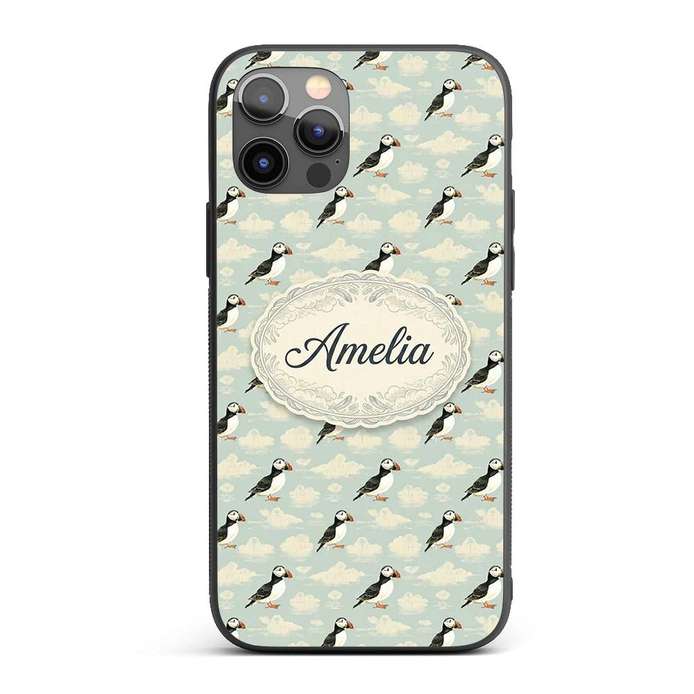 Cute Puffin Birds with Soft Cloud Background Custom Name Protective Phone Case Mobile Cover Durable Everyday Smartphone Shock Resistant